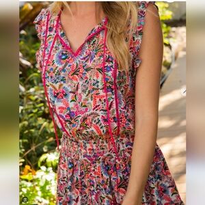 NATURAL LIFE Lyla Pink Palm Smocked Mini Dress Pink palm sz s